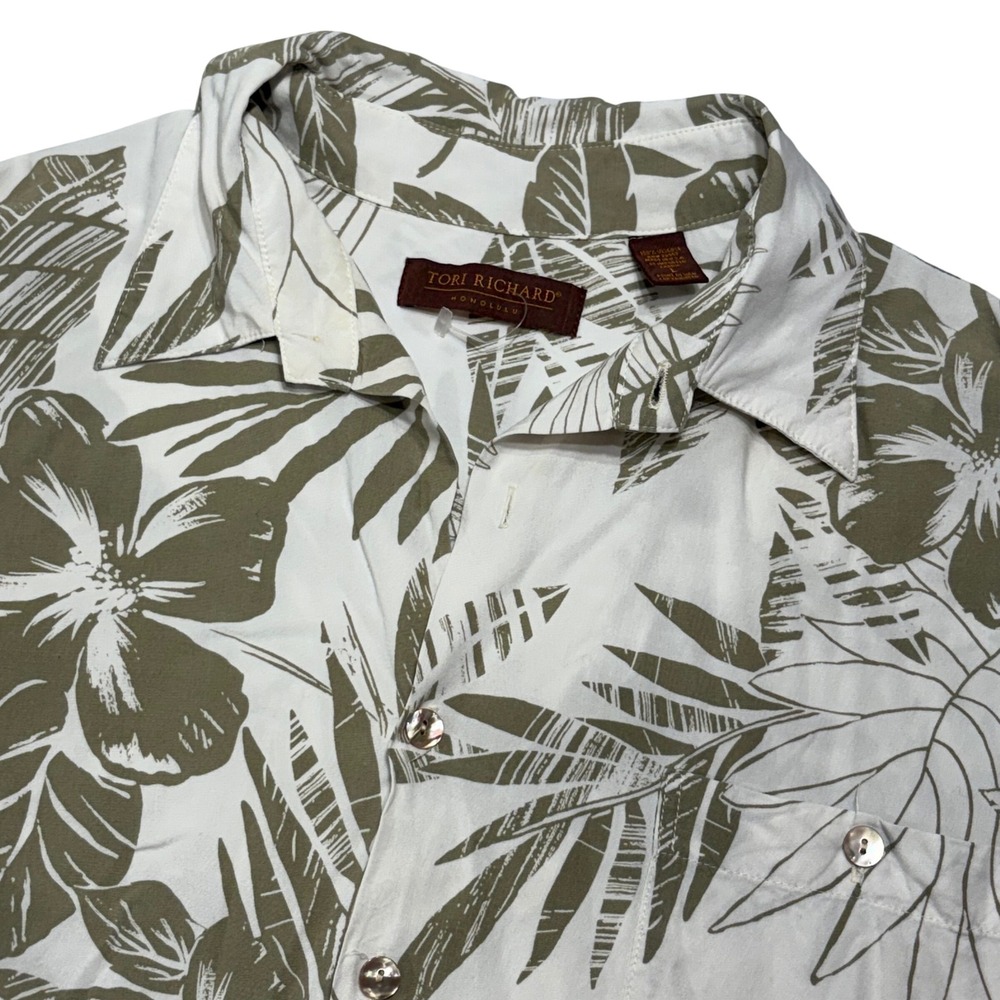 Tori Richard Hawaiian Shirt Mens Large White Olive Green Tropical Viscose Aloha‎